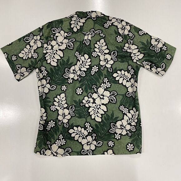 Hilo Hattie Men’s Hawaiian Shirt Green White Hibiscus Print Button Up Size Large - Picture 6 of 6